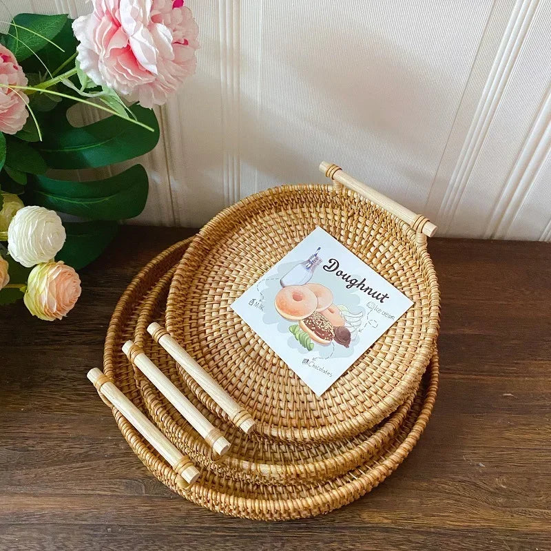 Round Wicker Basket Handwoven Rattan Storage