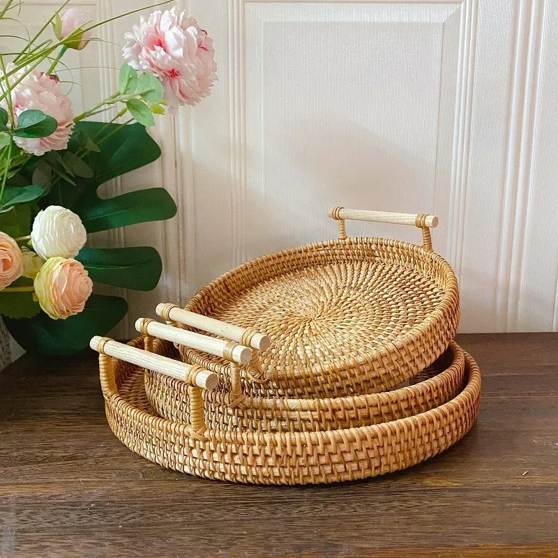 Round Wicker Basket Handwoven Rattan Storage